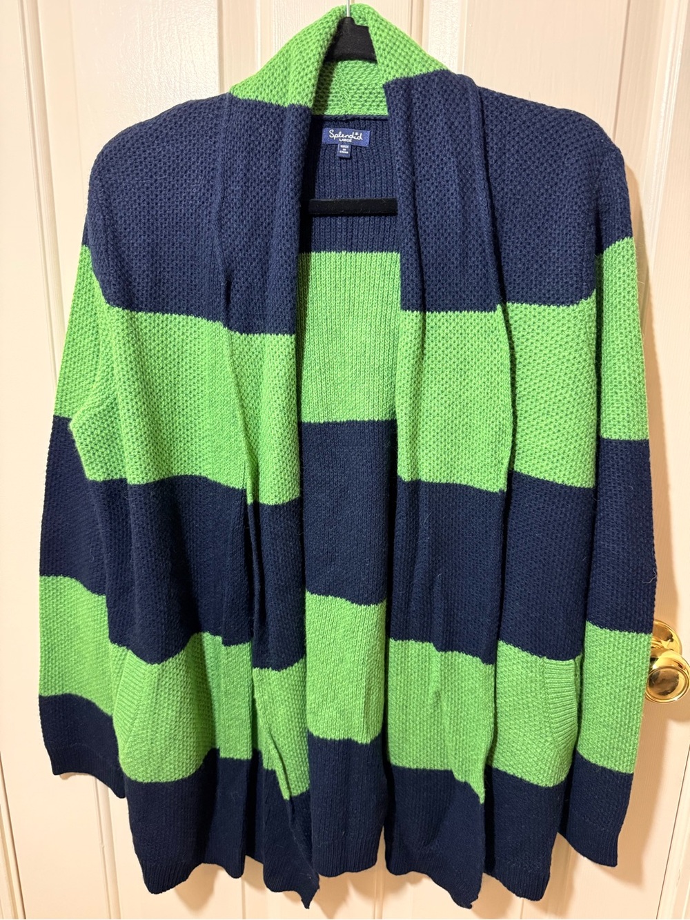 Splendid Navy and Bright Green Striped Open-Front Cardigan